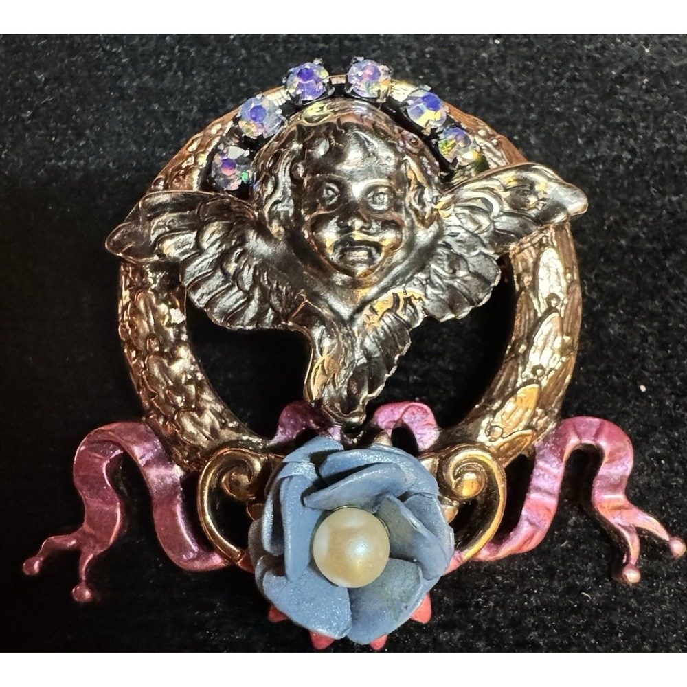 Vintage Cherub Angel Rhinestone Halo Enamel Art Nouveau Style Statement Brooch